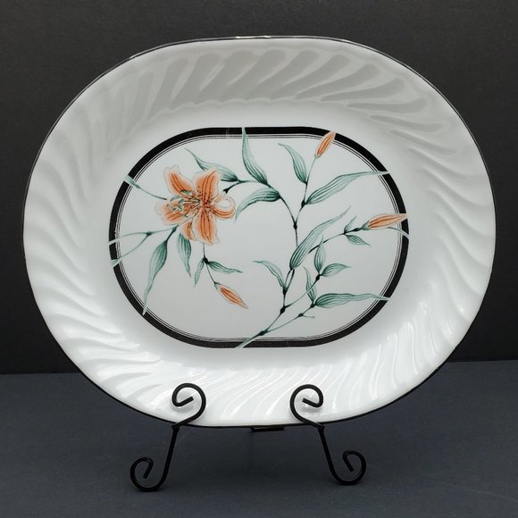 Corelle Tiger Lily Serving Platter White Swirl Plate Black Edge Flowers Leaves - Picture 1 of 6